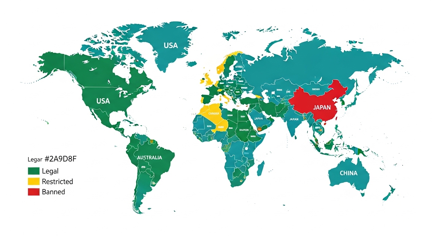 World map showing peptide legality by country - green for legal, yellow for restricted, red for banned