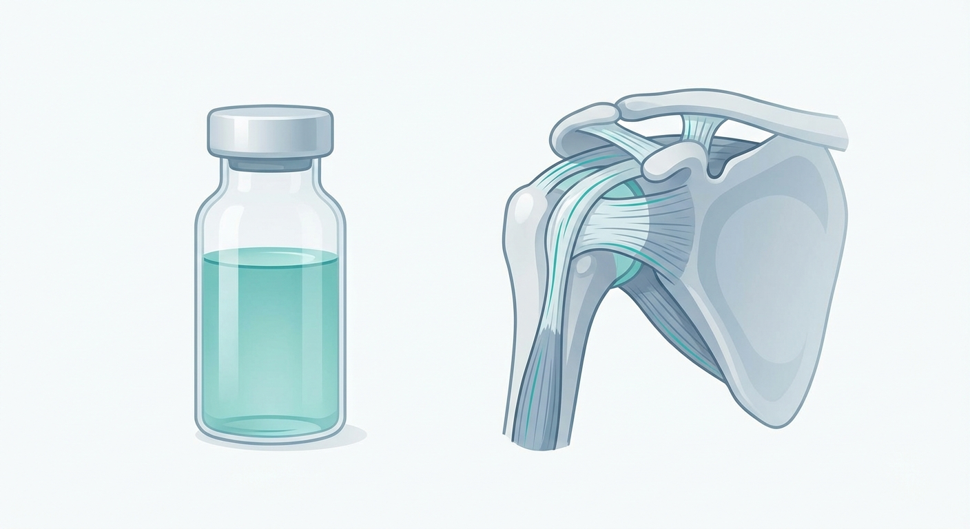 BPC-157 peptide vial next to anatomical shoulder model showing rotator cuff tendons
