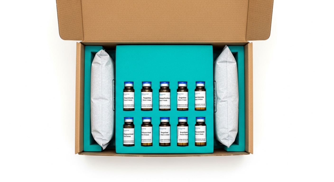 Peptide Sciences shipping box with cold packs and neatly arranged peptide vials
