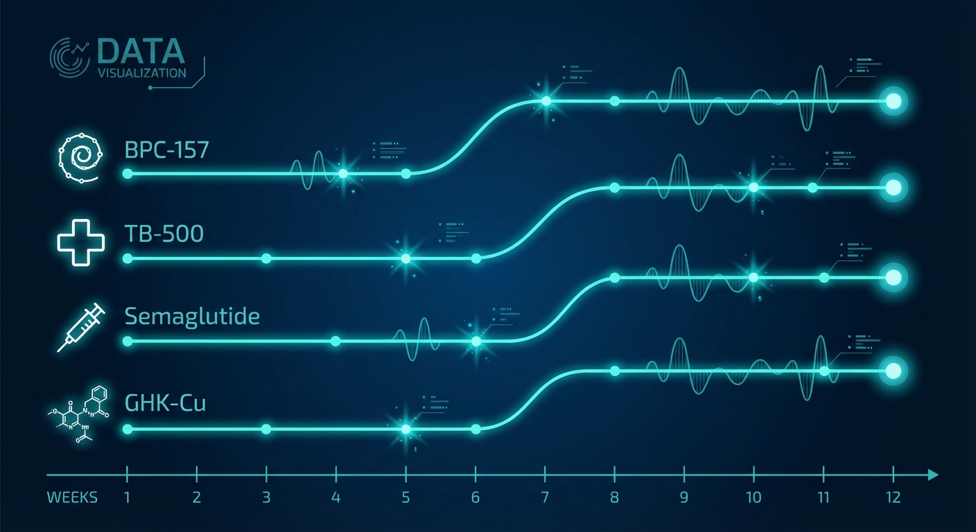 How long do peptides take to work timeline infographic showing BPC-157 TB-500 semaglutide GHK-Cu timelines