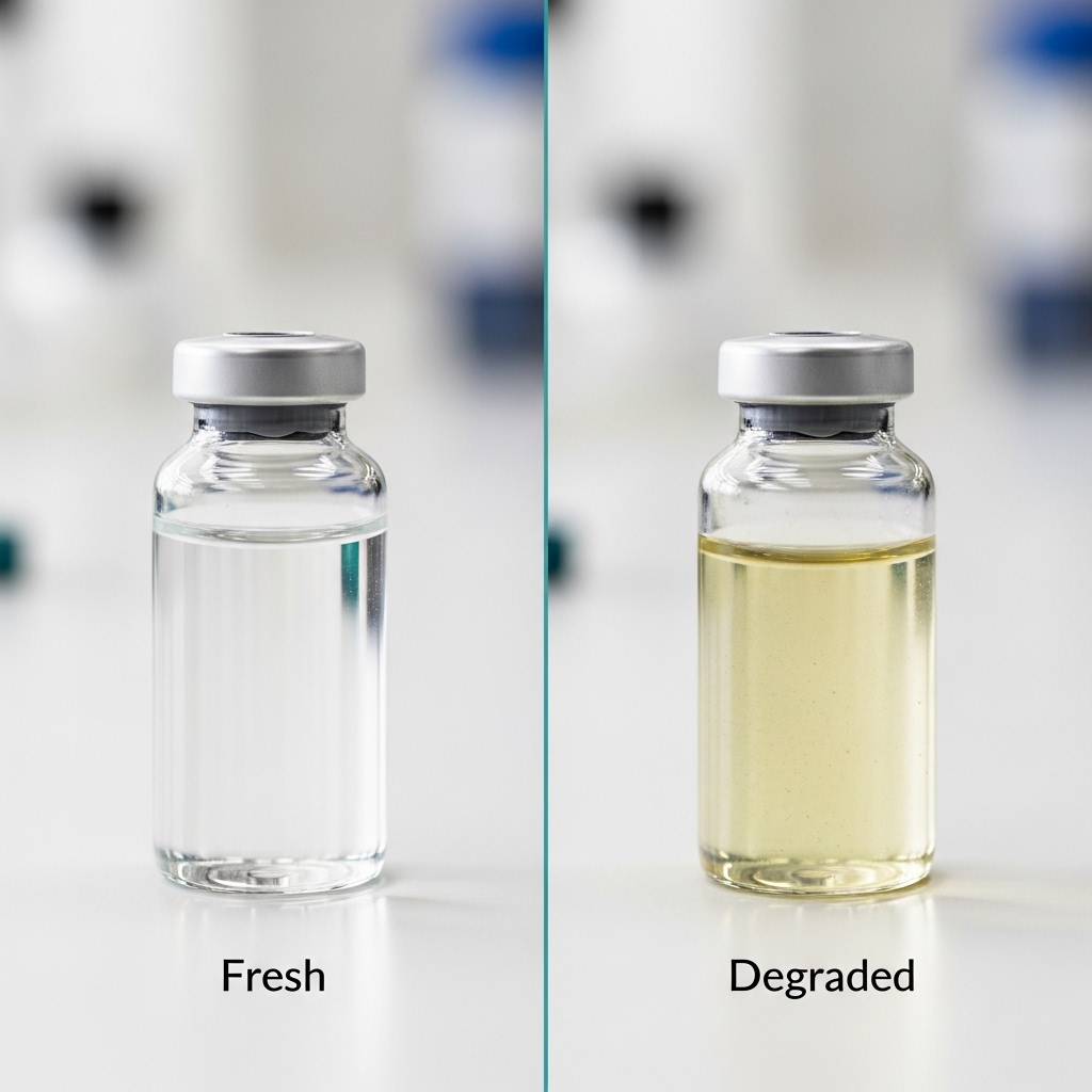 Diagram showing peptide degradation timeline from lyophilized to reconstituted form