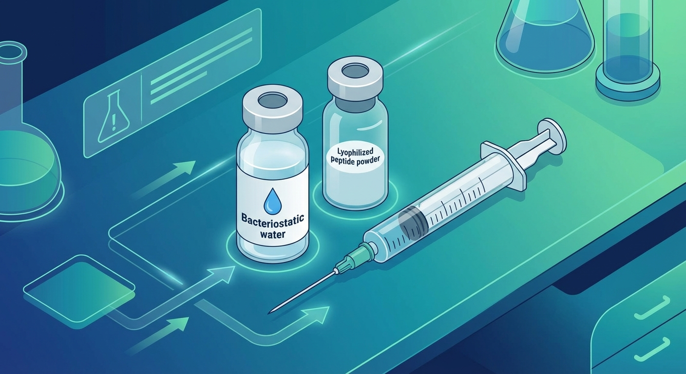 Bacteriostatic water and peptide vials on a clean surface