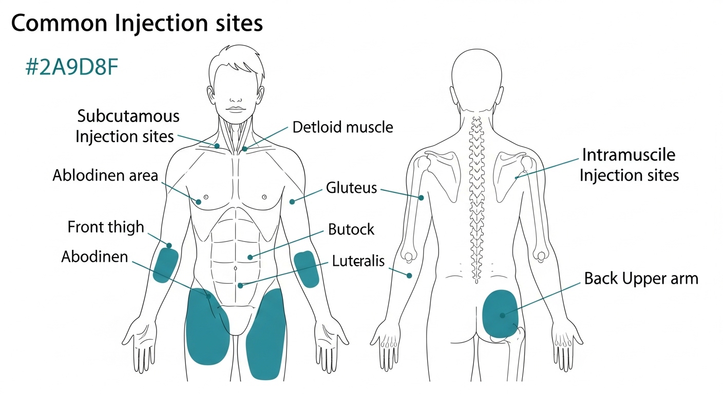 Body diagram showing common subcutaneous and intramuscular injection sites for peptides including abdomen, thigh, deltoid, and ventrogluteal areas