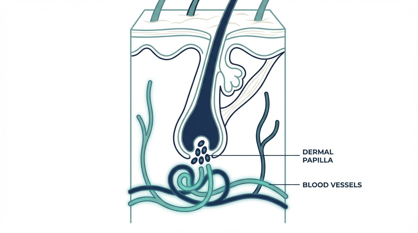 Hair follicle in anagen growth phase showing dermal papilla cells and blood vessel network relevant to GHK-Cu for hair growth research