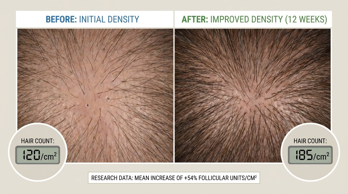 Hair density comparison showing increased hair count from GHK-Cu for hair growth research protocols