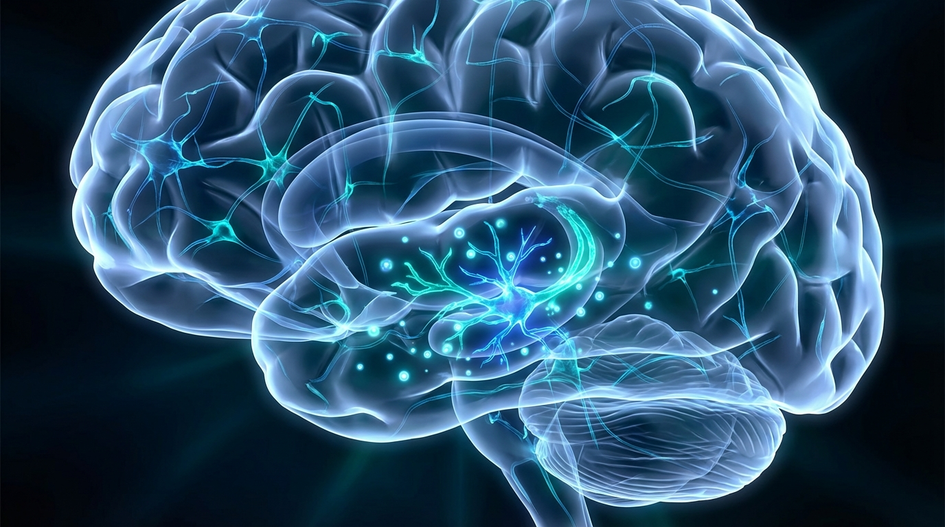 N-Acetyl Semax Amidate BDNF mechanism showing neural connections in the hippocampus