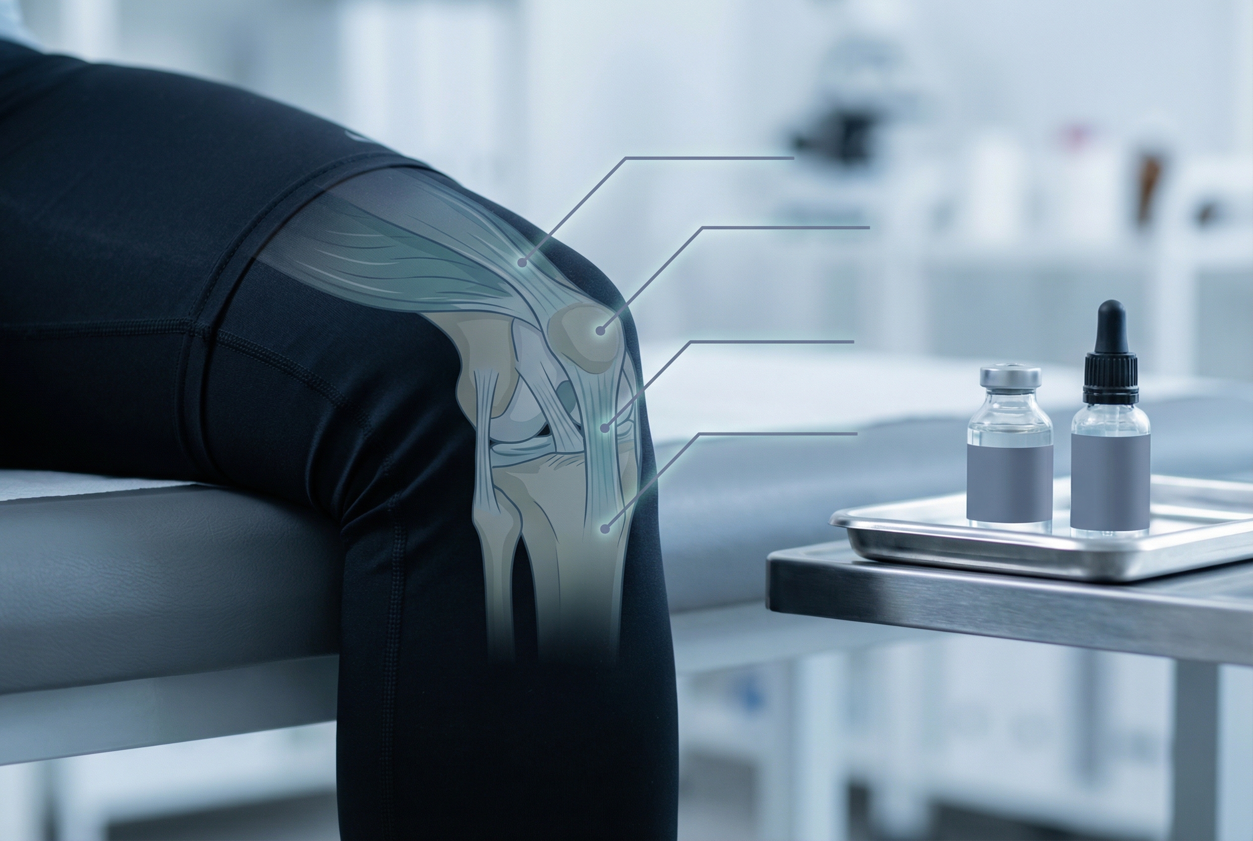 BPC-157 for knee injury research illustration showing tendon and ligament recovery concepts