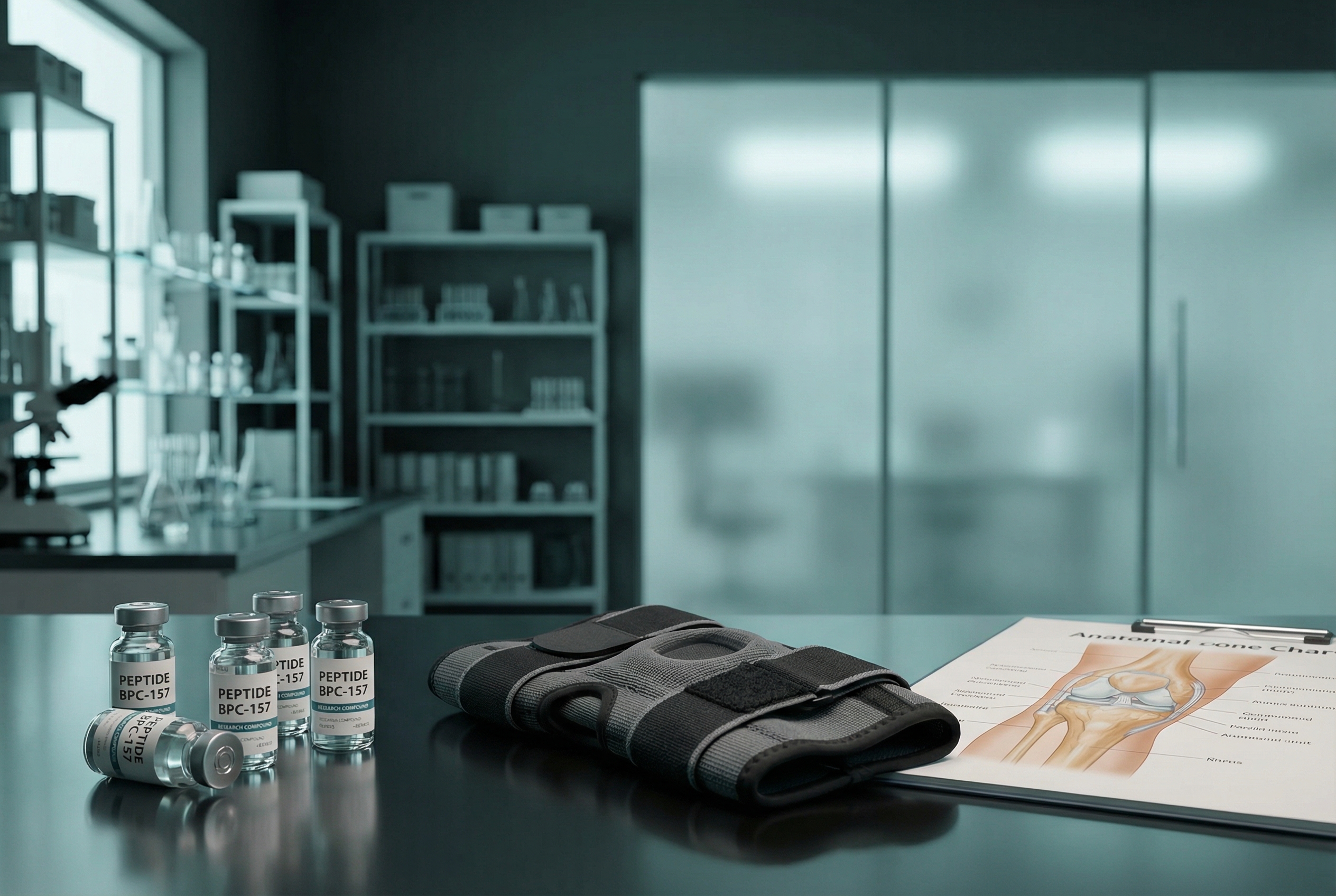 BPC-157 for knee injury sourcing and vendor comparison image with lab vials and knee recovery concept