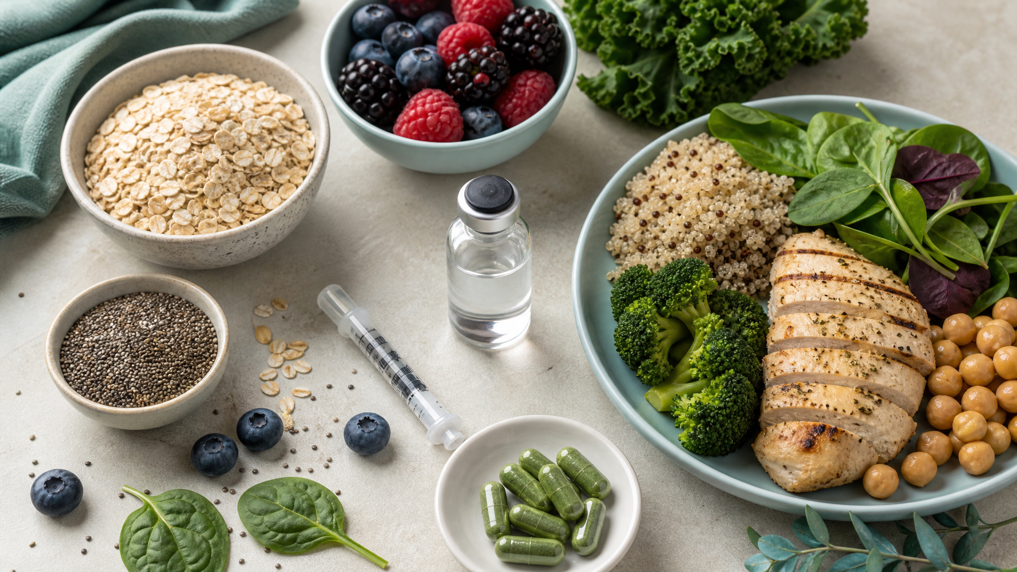 natural ozempic alternatives research flat lay with peptide vial and fiber foods