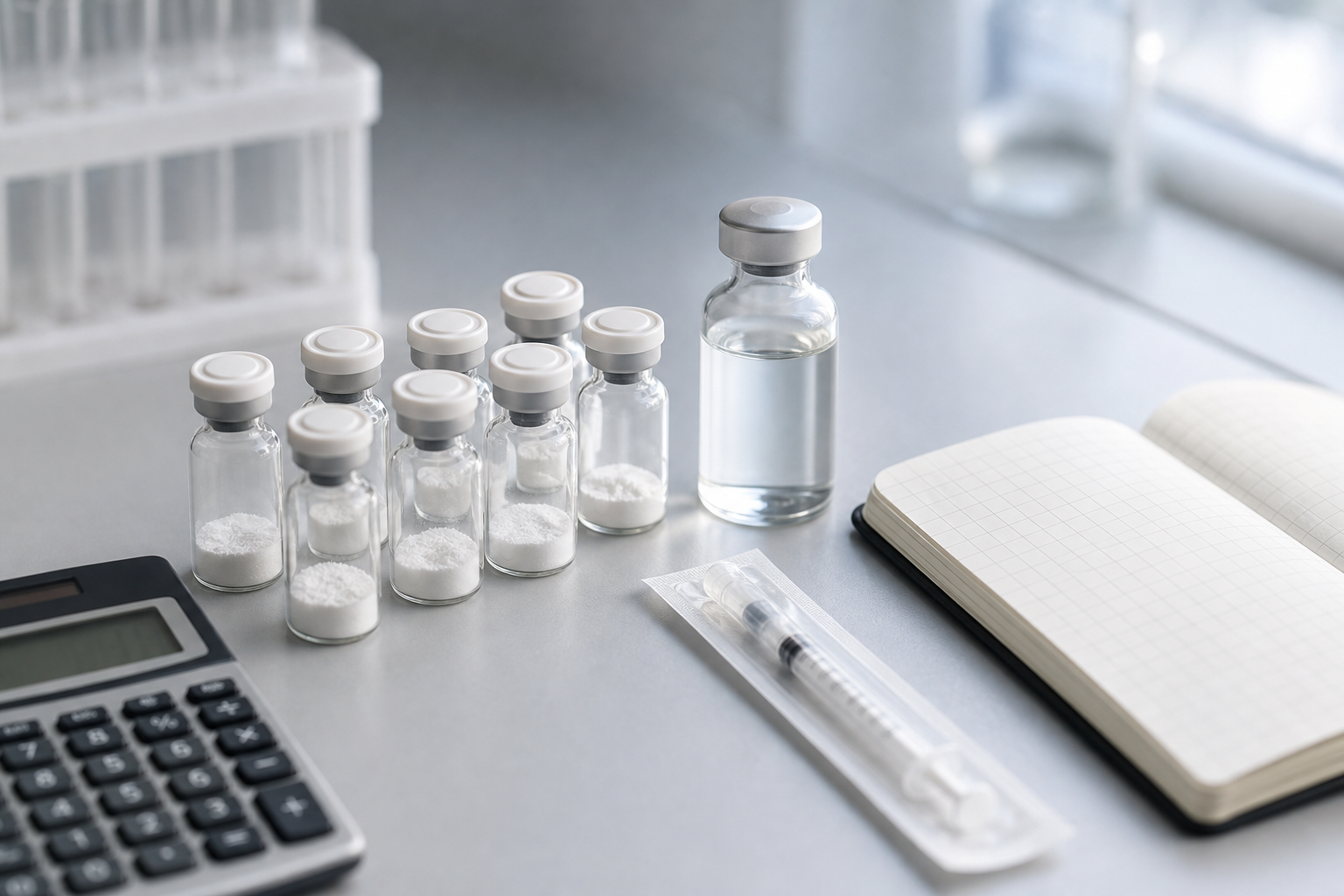 peptide dosage cheat sheet research workspace with vial and calculator